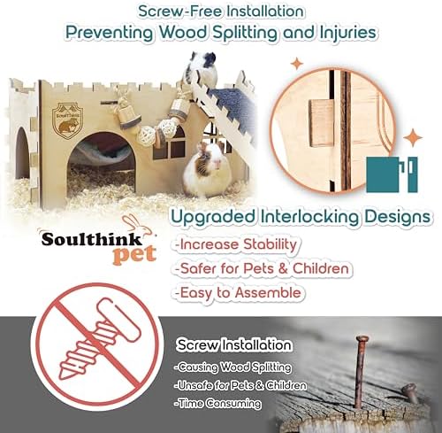 SoulThink® Large Guinea Pig Hideout & House - Easy to Assemble Wooden Guinea Pig Castle with Hammock, Ramp and Toys Accessories Habitat Suitable for Hamsters and Chinchilla