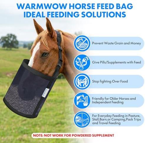 Horse Feed Bag Pack of 2 (Reinforced Bottom Edging), Feed Bags for Horses with Ventilation Mesh, Comfort Nose Pad Neck Pad, Adjustable Strap, Spill Proof Design for Feeding Grain, Supplements