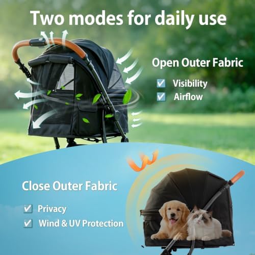 Pet Stroller for Small/Medium Dogs & Cats Up to 50 lbs, 4-Wheel One-Click Foldable Pet Stroller with Reversible Handle, Removable Pad, Cup Holder and Storage Basket (Black)