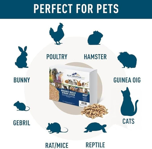 Blue Mountain Hay Organic Small Animal Pet Litter and Bedding (20 lb), Pelleted Wheat Straw Cage and Litter Box Liner, Safe Organic Materials, Dust-Free, Highly Absorbent, Natural Odor Control