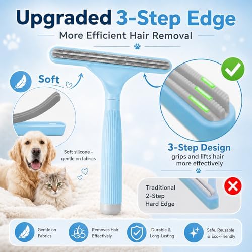 2 Pack Reusable Pet Hair Remover and Fabric Lint Scraper Set, Blue