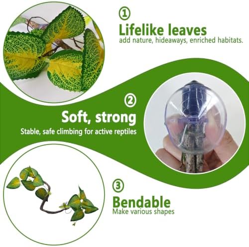 BNOSDM 2PCS Reptile Climbing Branch, Bendable Jungle Vine with Leaves Terrarium Plant Decoration with Suction Cup Chameleon Cage Accessories for Gecko Lizard Bearded Dragons Snake (Vinca Leaf)