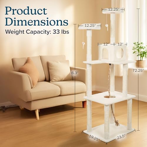 Cat Tree - 6-Foot Cat Tower for Indoor Cats with Napping Perches, Kitty Condo, 9 Cat Scratching Posts, 2 Hanging Toys, and Rope by PETMAKER (Ivory)