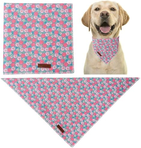 Summer Dog Bandana, UP URARA PUP Chamomile Triangle Bid Scarf for Medium Large Dogs, Cotton Kerchief for Girl Boy Puppies, Cute Spring FloralBandana,L
