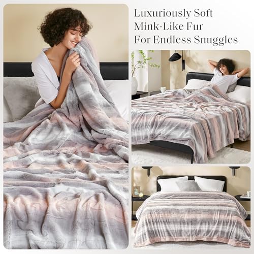 Madison Park Zuri Ultra Soft Faux Fur Queen Blanket Reversible, Blush/Grey