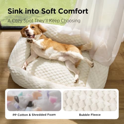 Bedsure Washable Dog Beds Large Sized Dog with Bubble Fleece,35in Cream