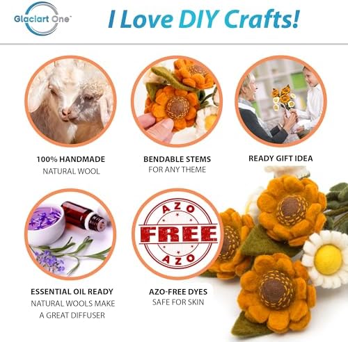 Glaciart One Felt Sunflower and Daisy Artificial Bouquet | Reusable, Washable and Essential Oil Ready Multi Color Artificial Flowers w/Bendable Wire Stems | Great Gift or Home/Event Decorations
