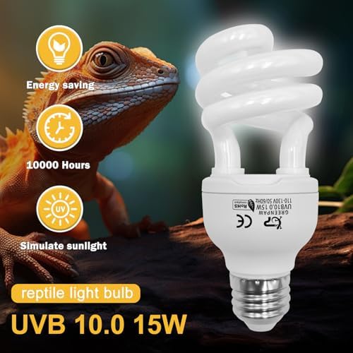 UVB Reptile Light, 10.0 15W UVA UVB Light for Reptiles, Spiral Compact Fluorescent UVB Bulb for Bearded Dragons Tortoise Lizards and Snakes