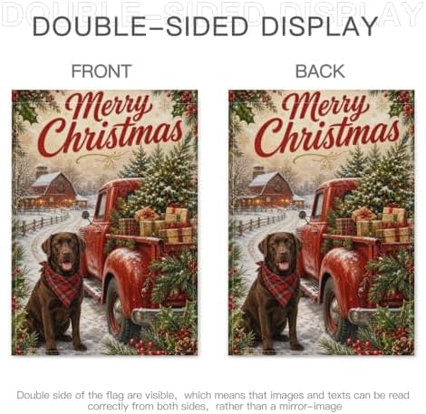 Christmas Labrador House Flag 28x40 Inch Merry Holiday Chocolate Dog Red Truck Tree Gifts Snowy Barn Rustic Farmhouse Outdoor Yard Lawn Porch Double Sided Banner Welcome Decor