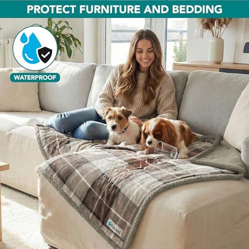 PetAmi Waterproof Dog Blanket for Medium Large Dog Pet, 60x40, Plaid Taupe