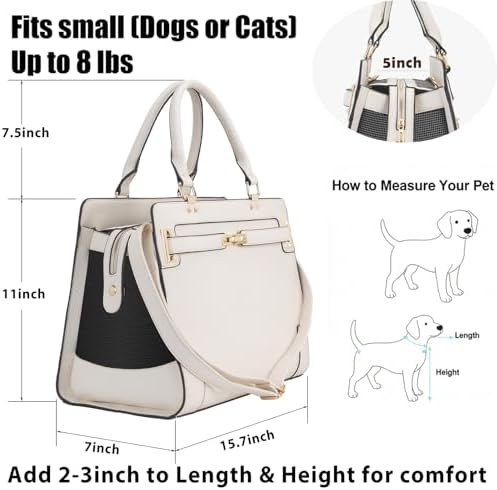 Fashion Pet Carrier Dog Cat Carrier Purse Soft-Sided Leather Handbag Pet Tote Bag for Small Dogs Puppy and Cats TSA Airline Approved (Beige)