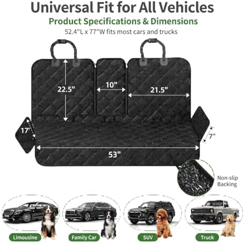 Ekisemio Dog Car Seat Cover for Back Seat, Waterproof 600D Oxford Pet Seat Protector for Cars SUVs Trucks, Heavy Duty Non-Slip Rear Bench Cover, Machine Washable Scratchproof - Black