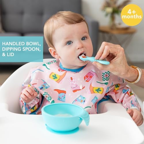 Bumkins Silicone Baby Feeding Set with Suction, Includes Spoon and Lid, Essential for Baby Led Weaning, Blue