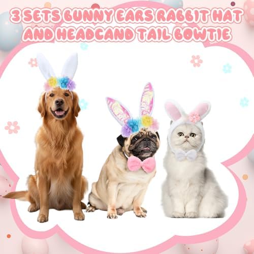 Weewooday 3 Set Dog Bunny Ears Easter Costume, Dog Headband Cat Rabbit Ear Hat Cute Pet Bow Collar Puppy Tail for Pet Easter Party Costume Accessories Supplies(Flower)