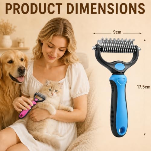 2PCS Pet Grooming Combo - Blue Deshedding Brush with Metal Comb for Detangling and Dematting Long, Matted Fur on Cats and Dogs (2PCS-Blue)