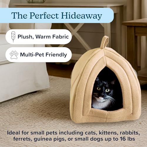 Cat House - Indoor Bed with Removable Foam Cushion - Pet Tent for Puppies, Rabbits, Guinea Pigs, Hedgehogs, and Other Small Animals by PETMAKER (Tan)