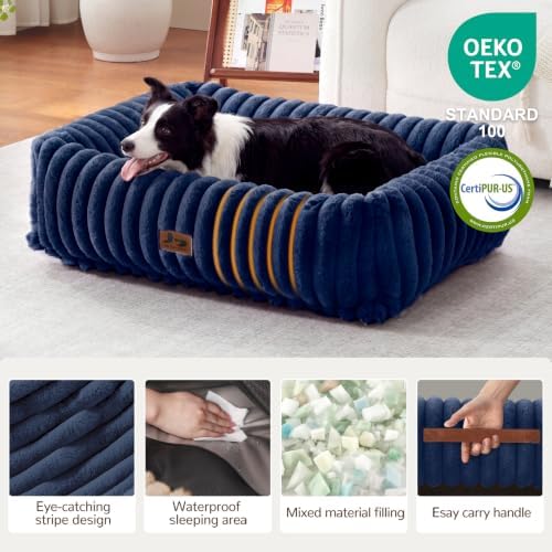 Dog Beds Large Sized Dog,Rectangle Orthopedic Pet Bed for Large Dog, Comfort Fluffy Memory Foam Dog Beds with Anti-Slip Bottom,35 x25 x9 Inches,Navy