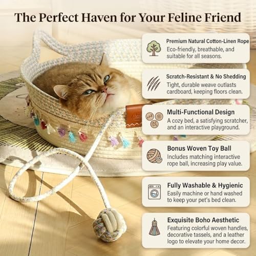 Cat Bed Basket with Play Ball - Cotton Rope Cat Beds for Indoor Cats, Kittens & Medium and Large Cat - Cat Scratching Bed with Decorative Tassels,18.9" L x 18.9" W x 6" Th