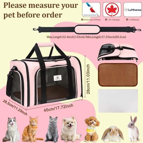 Cat Carrier Dog Carrier - Soft-Sided Cat Carrier with Plush Pad & Cooling Mat, Easy-Load 4-Side Zipper & 3-Side Mesh Ventilation, Pet Carrier Airline Approved for Cats/Dogs Up to 16 lbs, Pink