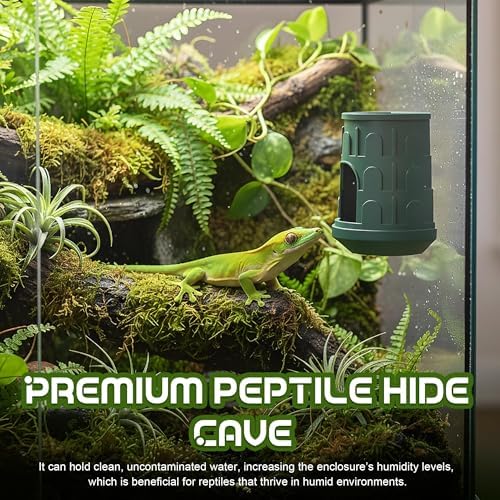 Wall Mount Reptile Hide Cave with Food Bowl for Terrarium Habitat Setup, Cute Hide with Treats Bowl, Essential and Safe Hideout for Gecko, Spider, Lizard, Hamster, Crab