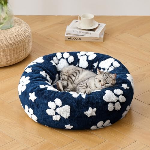 Donut Dog Bed, Calming Round Cat Bed for Indoor Cats, Navy Blue, 23"