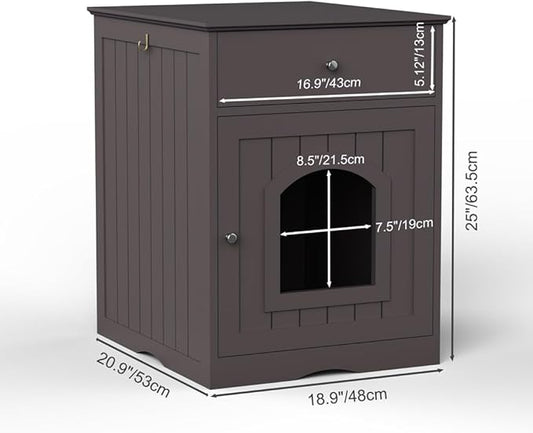 Large Wood House for Cats Litter Box Enclosure Furniture Hidde Out Box with Cabinet Drawer Indoor Pet House Side Table Wooden Crate (Brown)