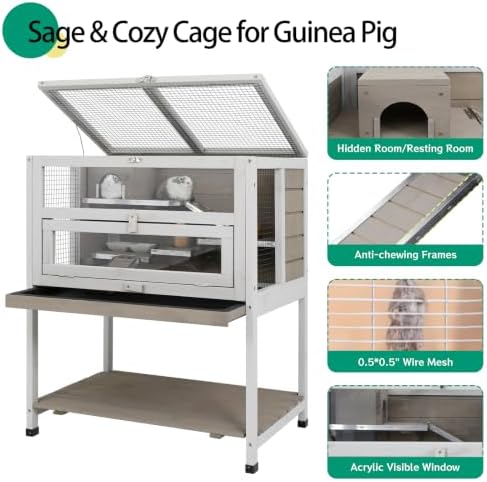 PetsCosset Guinea Pig Cages Hamster Habitats with Stand, Hedgehog Cage with Pull-Out Tray, Open Roof, Wooden Outdoor Small Animals House with Anti Chewing Frames
