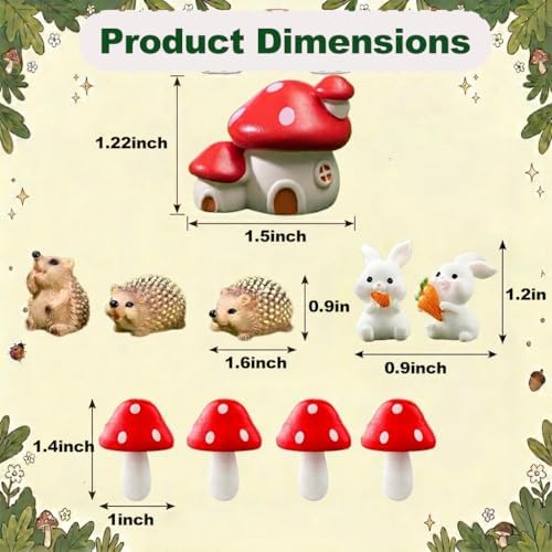 10 PCS Fairy Garden Accessories Miniatures Set, Resin Mushroom House, Woodland Animal Hedgehog & Bunny Figurines for Terrarium, Moss Bonsai, Outdoor Planter Decor