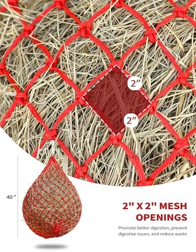 Harrison Howard Slow Feed Hay Net for Horses, 40 Inch Hay Bag Holds 1–2 Flakes, 2 Inch Mesh Durable Hanging Feeder for Stable, Pasture & Livestock-Red