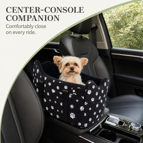 Center Console Dog Car Seat Safe Travel for Small Dogs Under 15 lbs Detachable Washable Pet Carrier with Storage Pockets & Safety Leash,Black