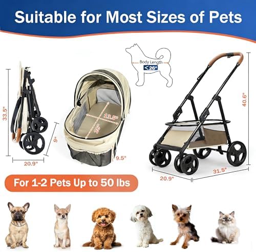 4 Wheels Pet Stroller for Small/Medium Dogs and Cats,Dog Stroller with Detachable Carrier and Storage Basket,One Click Folding,Compact Portable,Up to 50lbs,3 in1 Multifunctional(Khaki)