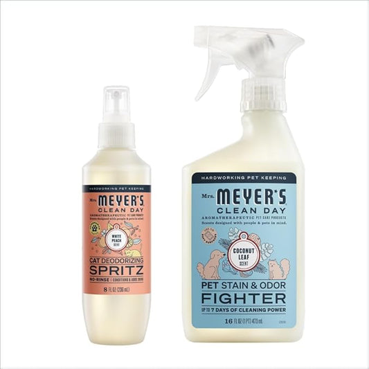 Mrs. MEYER'S Clean Day Cat Care Kit, includes Cat Deodorizing Spritz - White Peach and Pet Stain & Odor Fighter - Coconut Leaf