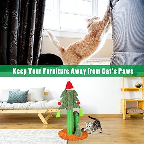 FluffyDream 32” Cat Scratching Post, Tall Christmas Tree Cat Scratcher with 3 Posts and Cute Dangling Teaser Balls, Natural Sisal Rope Cat Toys for Kitty and Adult Cats