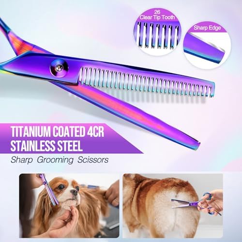 Gimars Dog Grooming Scissors Kit Professional 4CR with Safety Round Tip, 5 in 1 Heavy Duty Titanium Coated Thinning & Curved & Straight Shears