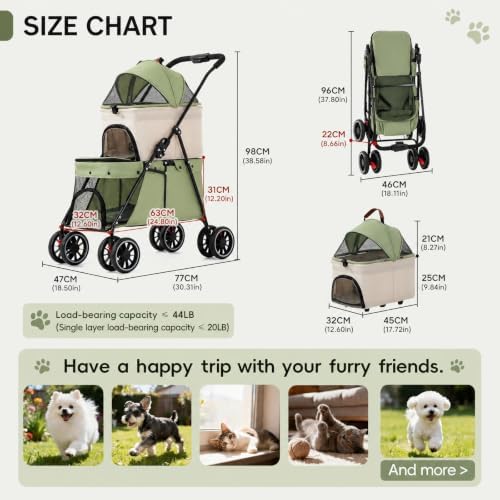 YYW Double Pet Stroller Foldable 2 Carriages Lockable Wheels Green Beige