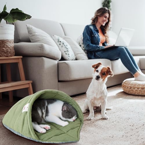 Cat Sleeping Bag Cave Bed with Non-Slip Bottom (Green with Support)