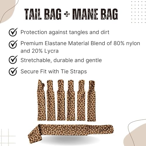 Ranch Hand -Horse Mane and Tail Bag Set, 7 Piece Lycra Hair Protection Bundle for Horses, Includes 6 Mane Bags and 1 Tail Bag — Durable, Stretch Lycra Protection (Leopard)