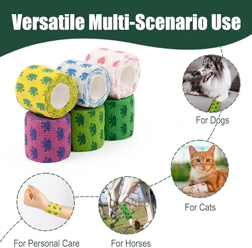 Vet Wrap Cohesive Bandages, Self-Adhesive Bandage Wrap, Breathable Non-Woven Self Adherent Tape for Pet Dog Leg Paw Wound, Horse, Cat, First Aid & Ankle Sprain, 2 Inch, 6 Rolls