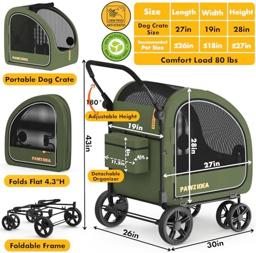 PAWZIDEA 3-in-1 Large Dog Stroller with Detachable Carrier, 45% Extra Tall