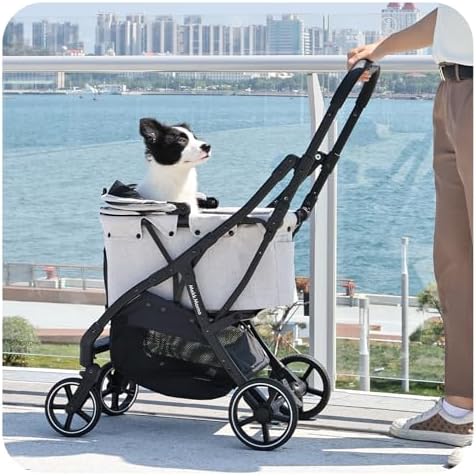Pet Stroller for Small Medium Dogs & Cats Up to 45 lbs,Travel Lite Collapsible All Terrain 4 Wheels for Jogging Running,One Hand Auto Foldable Dog Stroller,Grey