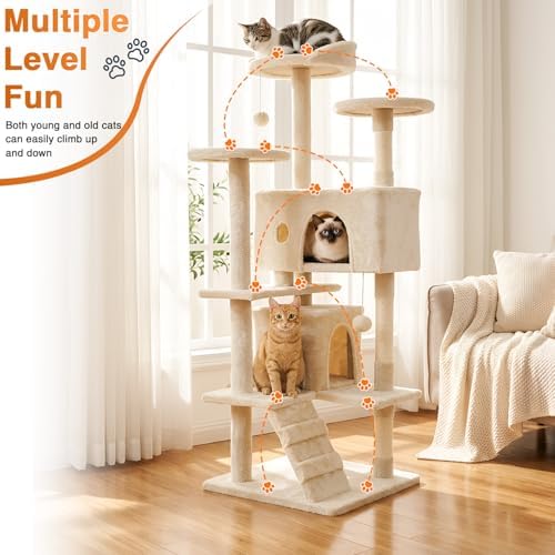 FDW | 54" Cat Tree Tower | Beige | Multi-Level Indoor Activity Center