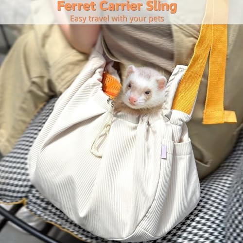 Ferret Sling Carrier, Front Backpack for Ferret Rabbit Puppy Kitten (Beige)