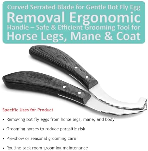 Pro Farrier Grooming Bugs Bot Knife– Stainless Steel Blade, Wooden Handle, Multi-Purpose Mane and Coat Cleaning Tool for Horses, Goats, and Cattle (Black)