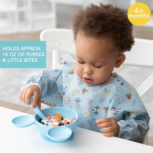 Bumkins Disney Baby Bowl, Silicone Feeding Set with Suction for Baby and Toddler, Includes Spoon and Lid, Essentials for Baby Led Weaning,for Babies 4 Months, Mickey Mouse Light Blue