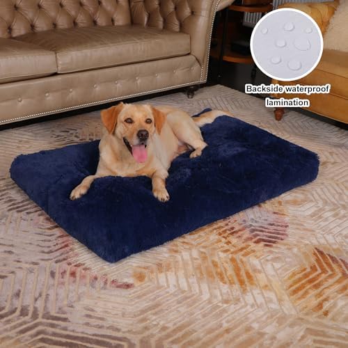 Bedfolks Waterproof Dog Crate Bed, Plush Dog Pad, 47"x29", Solid Dark Blue