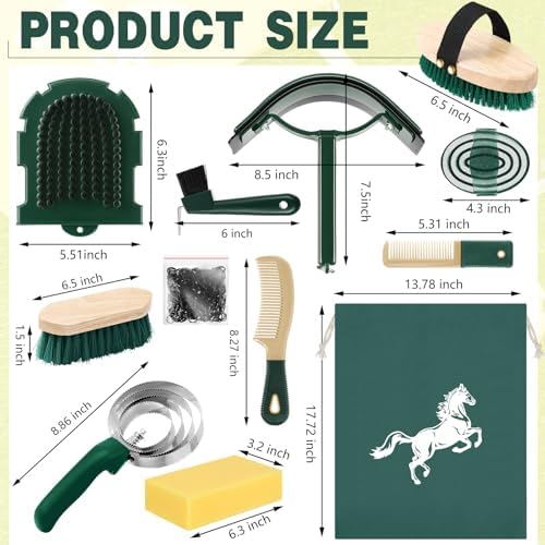 Abbylike 12 Pieces Horse Grooming Kit Racing Festival Tack Room Supplies Horse Brush Sets Equine Care Cleaning Kit Shedding Grooming Massaging Tools (Khaki and Green)