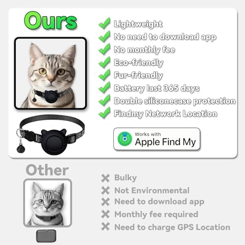 GPS Tracker for Cat Tracker Collar Waterproof Airtag Compatible with Apple Find My (iOS ONLY) No Monthly Fee Breakaway Design Reflective Pattern Bell Black Durable Cat Tracking
