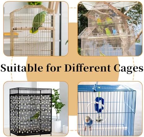 Daoeny Bird Cage Seed Catcher, Large Bird Cage Cover, Adjustable Soft Airy Nylon Mesh Net, Birdcage Cover Skirt Seed Guard for Parrot Parakeet Macaw African Round Square Cages (Black, Daisy Design)