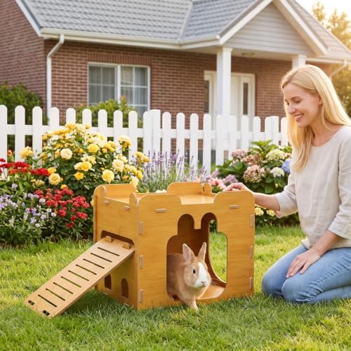Large Bunny Castle Hideout with Ramp, Sturdy Rabbit Play House Indoor, Detachable Bunnies Habitats with Window, Ventilated Small Pet Climbing Tower for Guinea Pig Chinchilla Hedgehog Hamsters