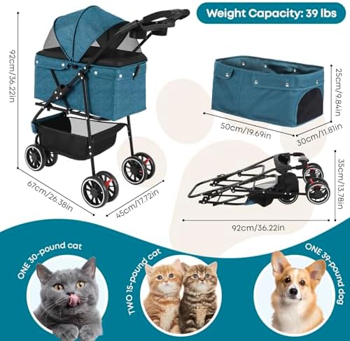Pet Stroller,Dog Stroller for Small Medium Dogs Cats,3 Wheels,Green
